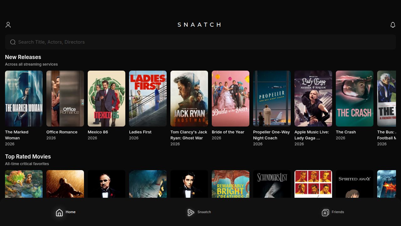 Snaatch home screen — New Releases and Top Rated Movies across every streaming service